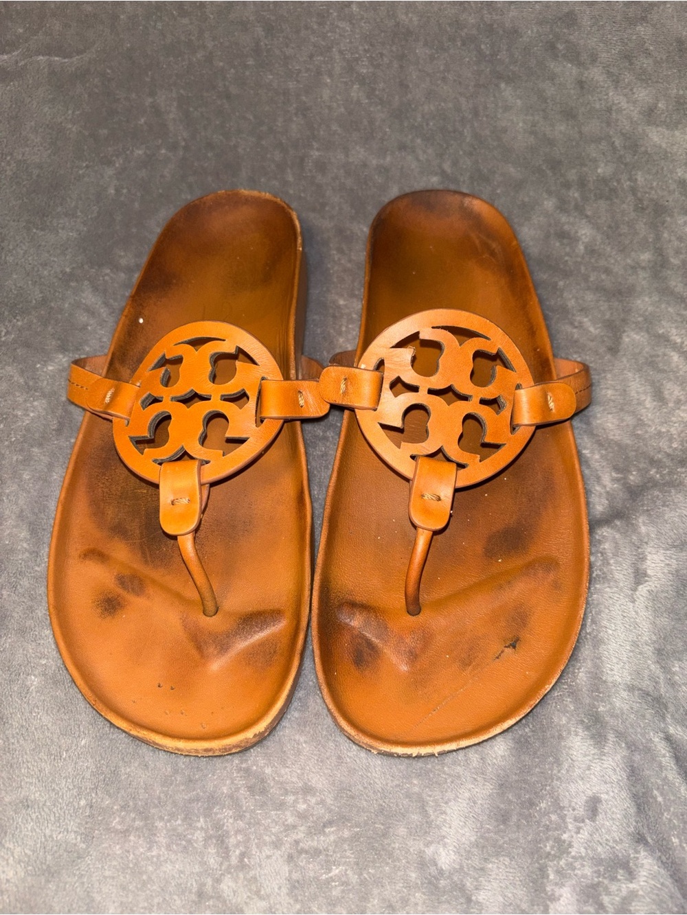 Tory Burch Cognac Leather Logo Thong Sandals